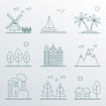 Landscape icons set in line style. Vector landscape symbols in flat design Royalty Free Stock Photo